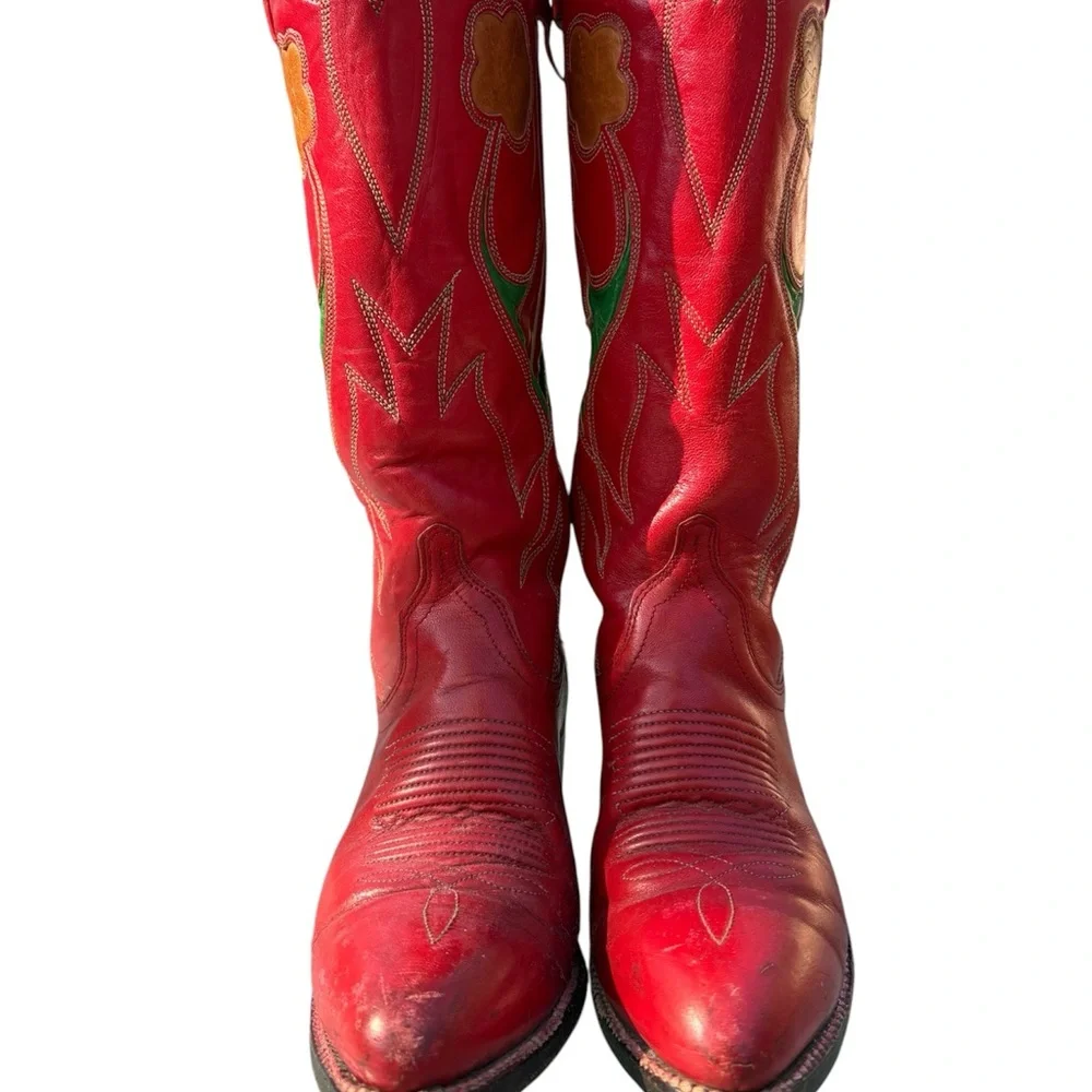 Ralph Lauren Polo Western Cowboy Boots Vintage 1980s Red Leather Flower Inlay - Picture 2 of 16
